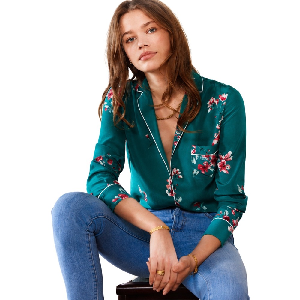 Sezane Top Womens Size 36 Small Green Elisa Silk Floral Cherry Blossom Shirt